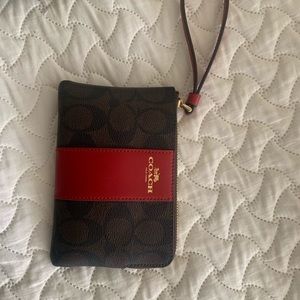 Coach Corner Zip Wristlet Red Leather / Canvas NWT